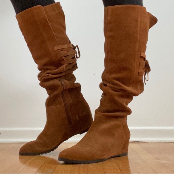 Suede Wedges Over The Knee Boots Size 8 - Picture 2 of 6
